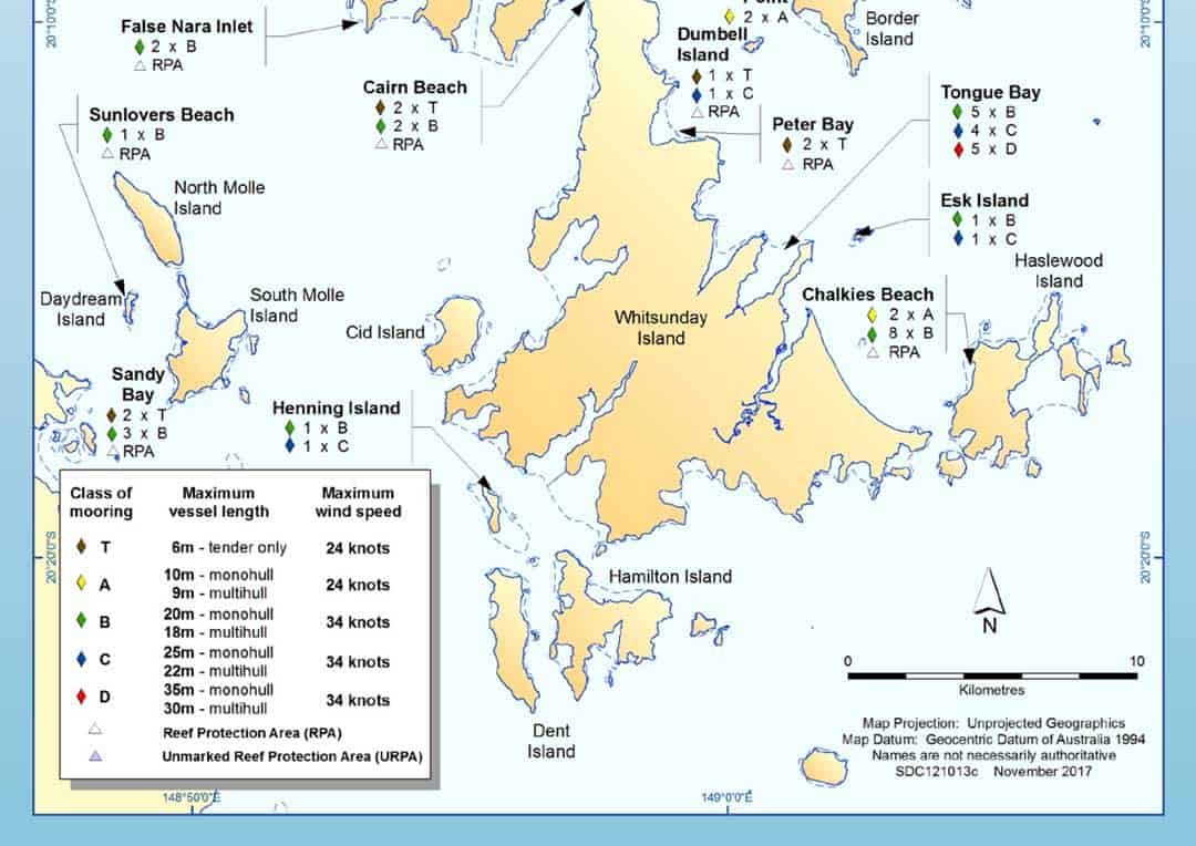 Boat moorings publics map close to Whitehaven Beach