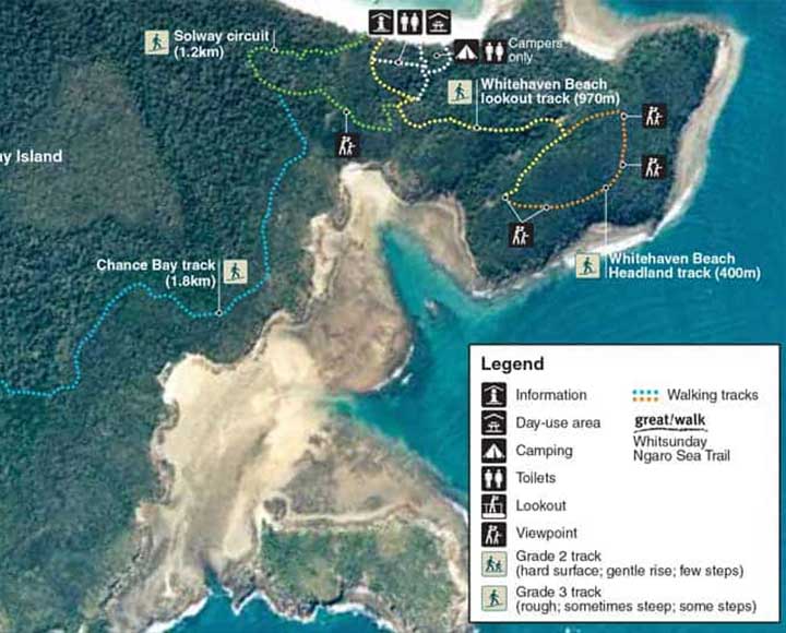 Map of walking areas at Whitehaven Beach South