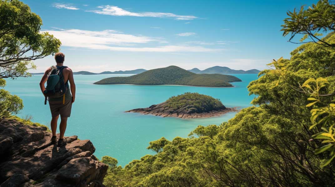 person standing on a rocky outcrop overlooking the Whitsunday Islands