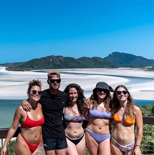 4 girls and 1 guy at Hill Inlet Lookout on Whitsunday Island Whitehaven Beach