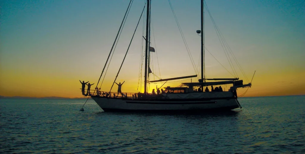 Habibi boat at sunset in the Whitsunday Islands