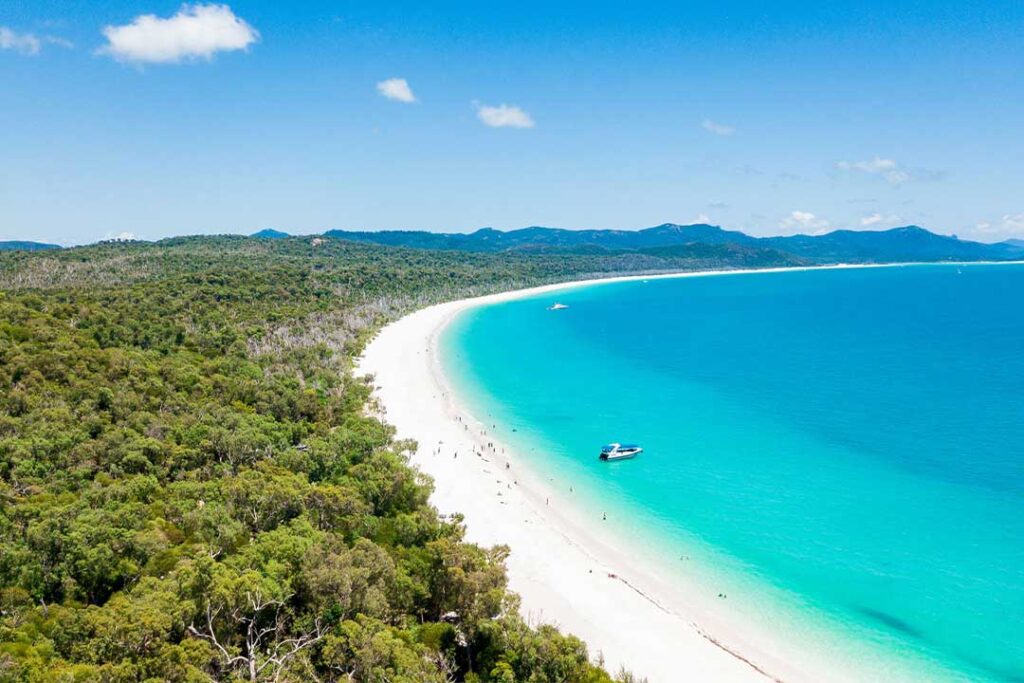 Drone picture looking all the way down the 7km of Whitehaven Beach